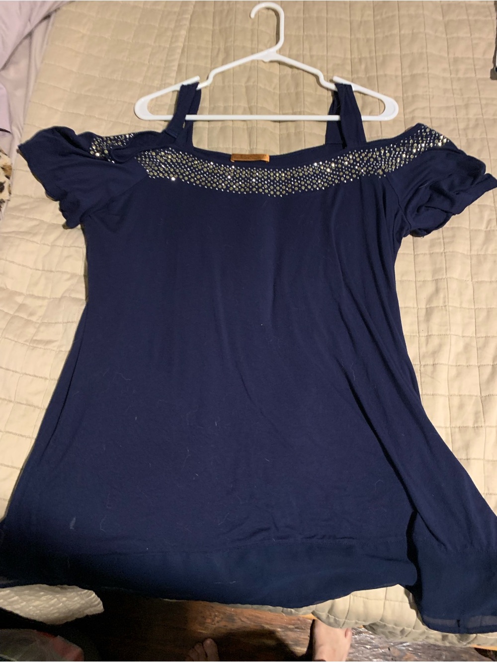 Belldini Navy Cold-Shoulder Crop Top with Embellished Neckline